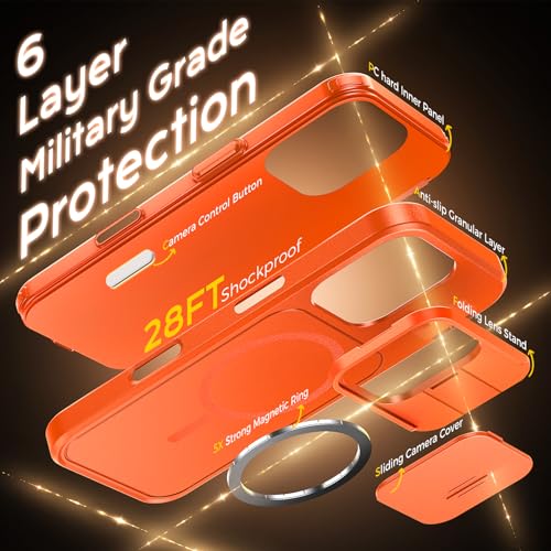 Image of TOCOL for iPhone 16 Pro Max Case with Slide Camera Cover, Kickstand and Camera Control Button, Fit for MagSafe, Rugged Solid Phone Case, Non-Slip, Drop Protection, Orange