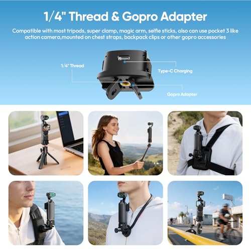 XIAOTJ Pocket 3 Tripod Stand Handle with Charging Adapter Base for DJI Osmo Pocket 3 4/Xtra Muse, with Action Camera Adapter & 1/4 Screw Hole for Tripod/Magic Arm/Clamp Accessories Mount - Thumbnail 5