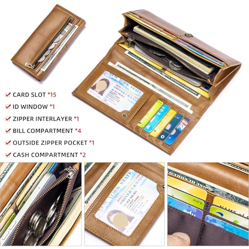 Image of Wallets for Women RFID Blocking Long Ladies Wallet Bifold Womens Leather Wallet with Coin Pocket ID Window, Brown