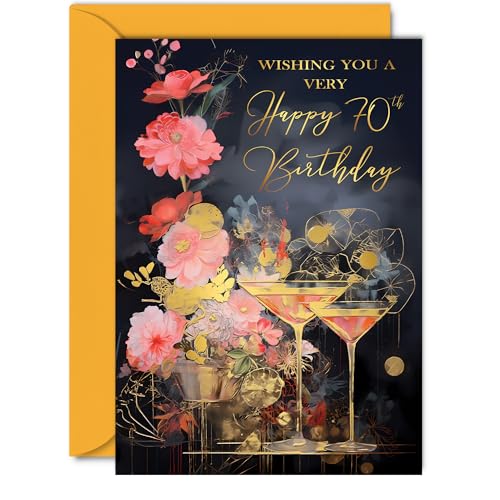 美しいゴールド 70歳の誕生日カード レディース メンズ - 素晴らしいゴールデンカクテル - エレガントで伝統的なかわいいバースデーカード 70歳の女性 男性 彼女の彼、5x7インチ ゴージャスなグリーティングカードギフト