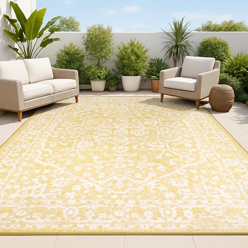 JONATHAN Y SMB104G-3 Malta Bohemian Medallion Textured Weave Indoor Outdoor Area Rug, Coastal Traditional Transitional Easy-Cleaning,Bedroom,Kitchen,Backyard,Patio,Non Shedding, 3 X 5, Yellow/Cream