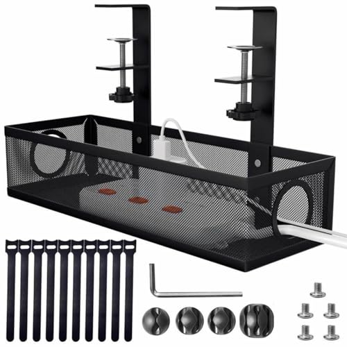 Image of Adjustable Under Desk Cable Organizer Rack (Black) - Metal Wire Management Tray for Power Strips, Extension Cords & Cables - Clamp-On or Screw-Fixed Desk Holder for Home & Office