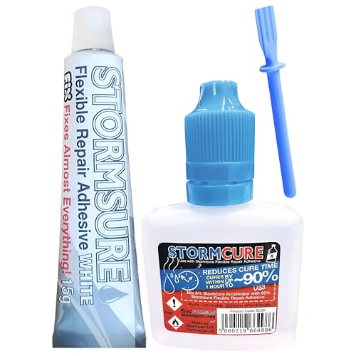 Stormsure Adhesivo Reparador Flexible 15g Blanco + 30ml Stormcure Acelerador + Espátula - Stormsure's 1-Hour Repair