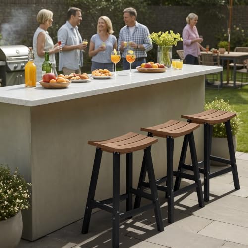 Image of Ciokea 2 Set 29 inch Outdoor Bar Stools, Heavy Duty HDPE Outdoor Stools Weatherproof Waterproof Patio Seats Modern Bar Height Tall BarStools for Bar Deck Balcony Kitchen Yard, Black and Teak