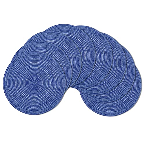 Image of SHACOS Round Braided Placemats Set of 8 Round Table Mats for Dining Tables Washable Fabric Kitchen Table Place Mats (Blue White, 8)