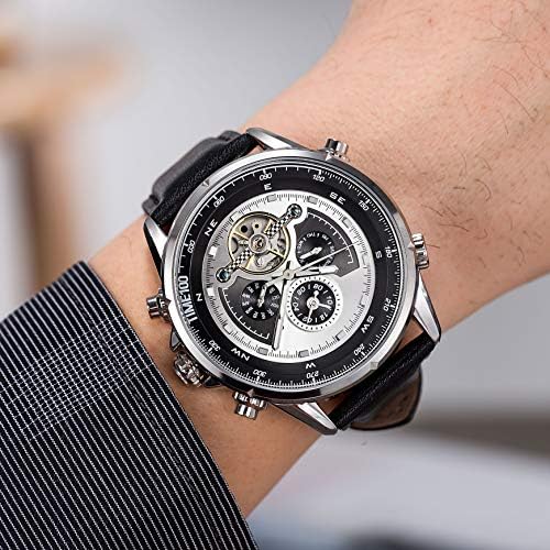 SURVAN WatchDesigner Men's Automatic Dual Time Zone Mechanical Skeleton Watch Genuine Leather Strap