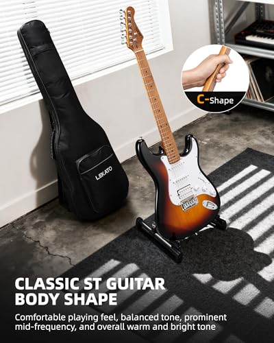 Image of LEKATO Electric Guitar Kit Beginner 39 Inch Full Size Solid Body Guitar HSS for Starter Roasted Maple Neck Fretboard Stainless Steel Frets, 5W Mini Amp, Bag, Tuner, Capo, Strap, String, Picks-Sunburst