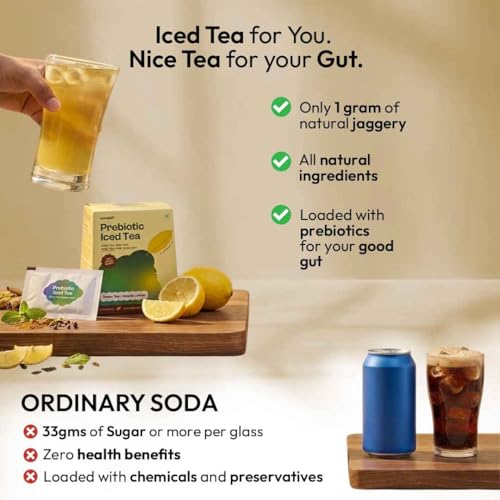 Image of Woolah Prebiotic Combo Pack - Peach Iced Tea & Lemon Masala Green Tea | Only 1g Jaggery Sugar | Chicory Root Fiber for Gut Health | 40 Sachets + Free Sipper | Instant Refreshing Drink