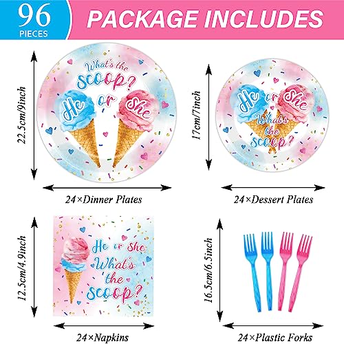 Image of 96PCS Ice Cream Gender Reveal Party Paper Tableware What's the Scoop Gender Reveal Plates Party Supplies for Summer Ice Cream Theme He or She Boy or Girl Baby Shower Dinnerware Plates Napkins Forks