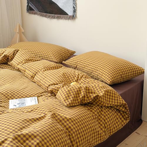 Image of Plaid Duvet Cover Twin Size Yellow Brown Gingham Bedding Set Farmhouse Buffalo Grid Checkered Duvet Cover Set Soft Lightweight Microfiber Quilt Cover with Zipper Closure and 1 Pillowcase