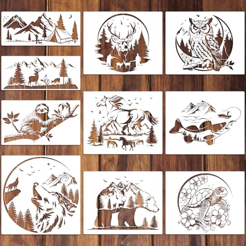 ZCPTZ 10 Pcs Large Wildlife Wood Burning Stencils for Painting Reusable Forest Animal Templates Horse Deer Turtle Fish Owl for Drawing Walls Wood Fabric Home DIY Stencil Crafts