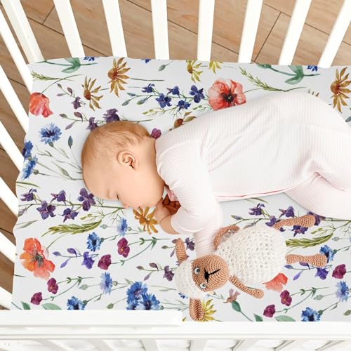 Image of CaTaKu Crib Sheets for Girls & Boys - Wildflowers Poppy Baby Sheets, Neutral Toddler Mini Crib Mattress Sheets Fitted for Nursery Bed, 27 inchx 39 inch