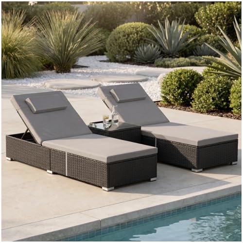 tectake® Chaise longue double en rotin 62x196x36 cm, Table d'appoint incluse, Transat Jardin Exterieur réglable 6 positions, Résistant aux UV et...