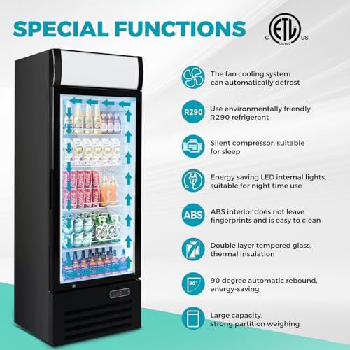 12.5 Cu Ft Commercial Beverage Refrigerator with 1 Glass Doors - Upright Drink Cooler Merchandiser with LED Light Display, 4 Adjustable Shelves, Black, ETL Approved for Business & Retail - Image 6