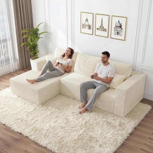 Image of 108 inch Cloud Couch Sectional,L-Shaped Boneless Couches for Living Room,Corduroy Modular Sectional Sofa with Deep Seats & Chaise,No-Assembly,Beige(Left Facing Chaise)