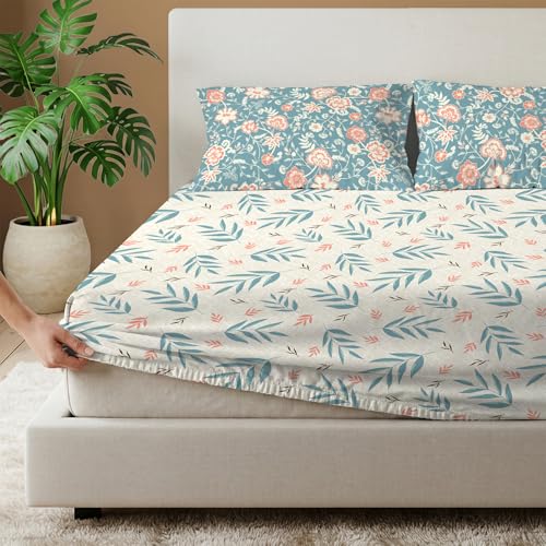 Image of Urban Space Divine 100% Cotton King Fitted Size Bedsheet, 144 TC Super Soft Elastic bedsheets for King Size Bed, Floral Design King bedsheet with 2 Pillow Covers (72 inch x 78 inch, Raina Blue)