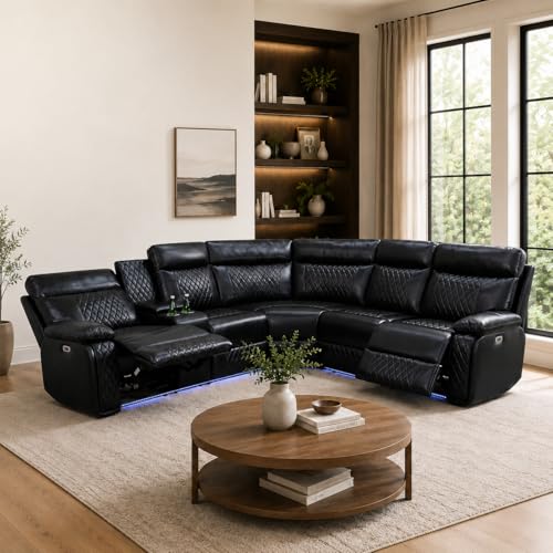 Image of Power Reclining Sectional Sofa for Living Room,Modern L-Shaped Air Leather Sectional Couch Set,Recliner Sofa Set,with LED Lights,Cup Holder,Storage,Charging Ports,Home (Blcak)