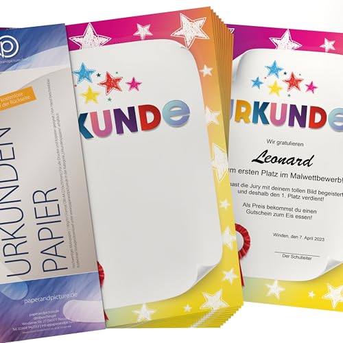Best Kids Urkundenpapier DIN A4 190g 15 Blatt – beidseitig bedruckt – für Kinderurkunden & Auszeichnungen – inkl. Textvorlagen zum Download – für alle Drucker & handbeschreibbar