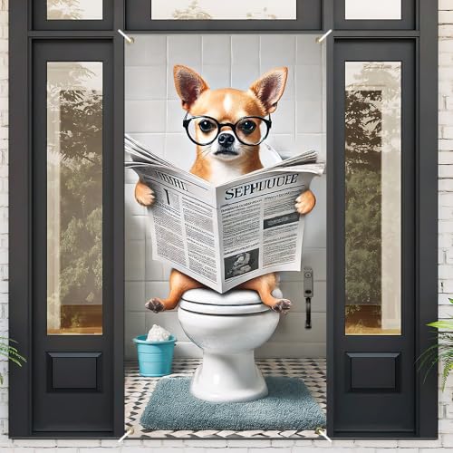 Image of Funny Chihuahua Toilet Newspaper Dog Door Cover 35x71in