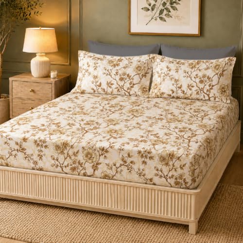 Image of LANE LINEN Symphony | 100% Cotton Sheet Set | Soft & Breathable Fabric | 3 Piece (1 Bedsheet + 2 Pillow Covers) | King Bed Sheet Set - Gold Flower Pattern