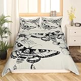 Feelyou Gothic Skull Bedding Set Decorative Death Moth and Flowers Comforter Cover King Personalized Skeleton Bones Duvet Cover for Youth Adult Teens Boys Women Black Cream Soft Zipper Novelty