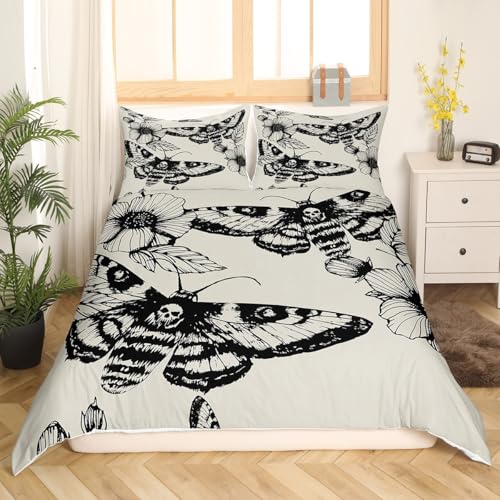 Feelyou Gothic Skull Bedding Set Decorative Death Moth and Flowers Comforter Cover Queen Personalized Skeleton Bones Duvet Cover for Youth Adult Teens Boys Women Black Cream Soft Zipper Novelty