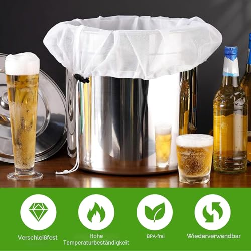 Filter Braubeutel Extra Großer 46x40cm, Siebbeutel für Heimbrauen Wiederverwendbar, Wein Filterbeutel 45 Mesh, Brew Bag Mit Kordelzug für Wein, Bier, Kuchen, Braukörner