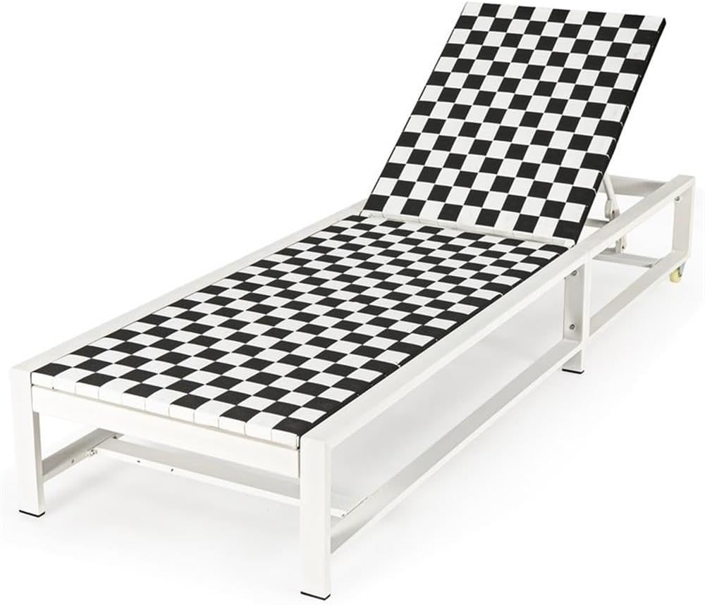 Pemberly Row Adjustable Patio Lounge Chaise, 5-Position Reclining, Metal Frame with Breathable Fabric, Rear Wheels, Black, 80" L x 27" W x 25-35" H, Modern Outdoor Poolside or Garden Lounger