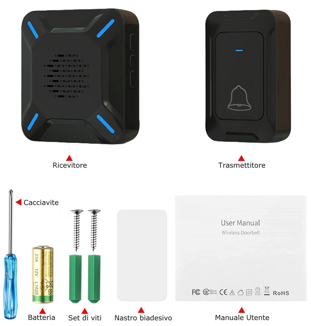 YYQ Sonnette sans fil pour extérieur, IP68, grand haut-parleur puissant, indicateur LED, portée 300 m, 5 niveaux de volume réglables, 58 sonneries (2 émetteurs et 1 récepteur)