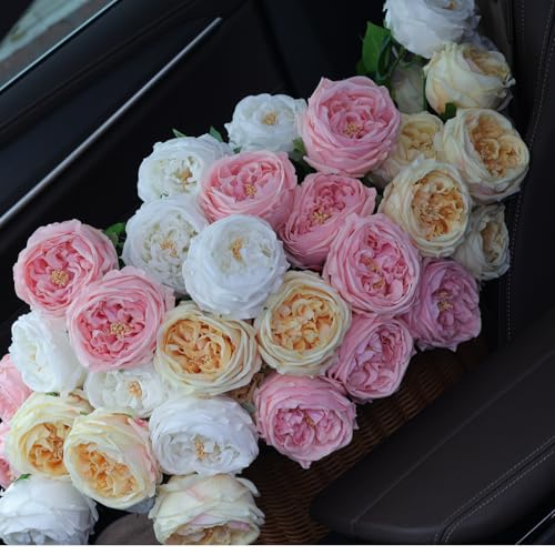YJPPHDG 6Pcs Pink Artificial Roses, Real Touch Silk Austin Rose Bouquet, Fake Peony Flowers for Wedding & Home Decor（Pink — view 6