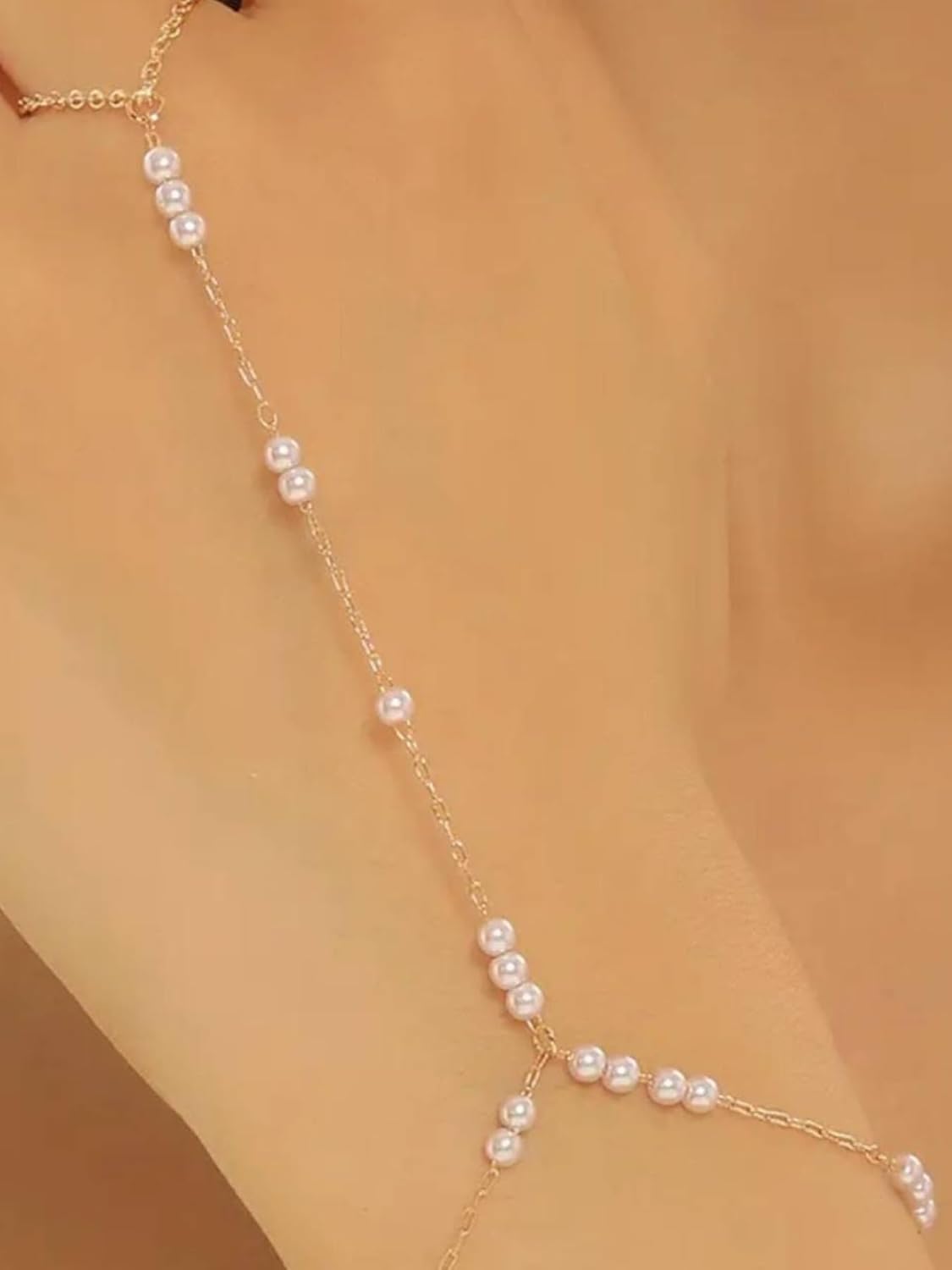 MODRSA Hand Chain Bracelet Gold Hand Chain Ring Bracelet Hands Chains Jewelry Rhinestone Pearl Handchain Finger Bracelets Non Tarnish Waterproof Trendy Dainty Bridesmaid Accessories - Image 5