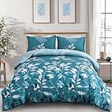 DJY Teal Botanical Comforter Set Queen, 3 Pieces Blue Leaves Comforter for Queen Size Bed Reversible Floral Bed Comforter Set Soft Microfiber Bedding Set for All Season