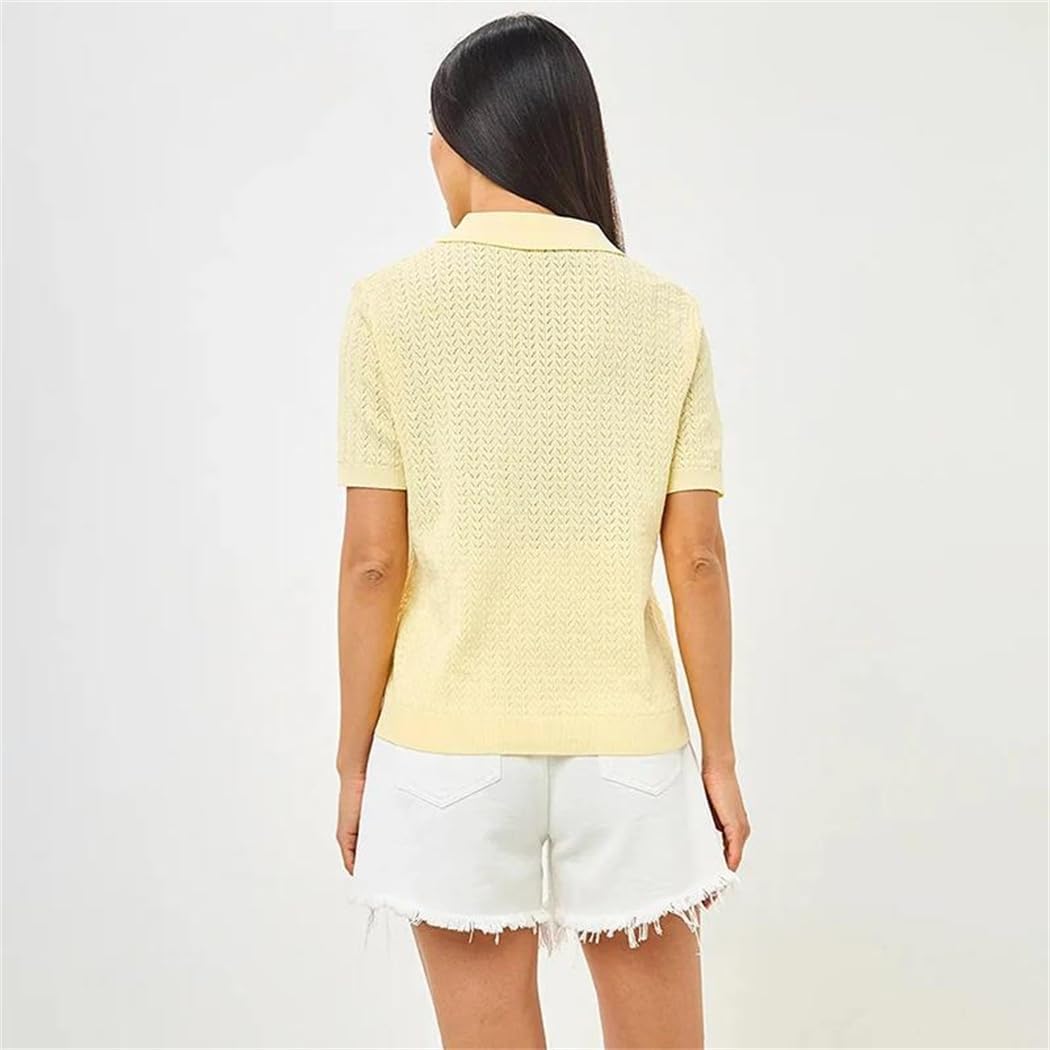 Women's Summer Short Sleeve Knitted T Shirt Casual Loose Lapel Solid Pullover Female Sweater T Shirt Outwear
