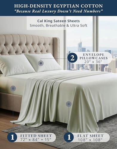 Image of LANE LINEN California King Bed Sheets 100% Egyptian Cotton Sateen - Mineral | Cal King Bed Sheets - 4-Piece Set, For A Luxurious Night's Sleep, For A Silky Hotel-Style Bed, Guest-Ready Comfort