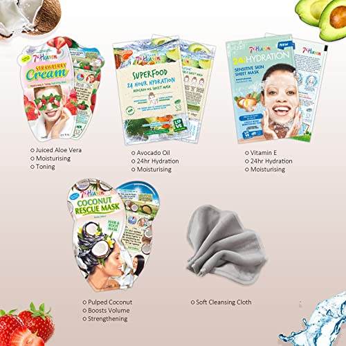 7th Heaven Moisturising Pamper Hamper Gift Set - 9 x Face Masks, 1 Hair Mask for Dry Damaged Hair & Soft Cleansing Wash Cloth - Includes Sheet Masks, Clay Masks & Peel Off Face Masks - Image 5