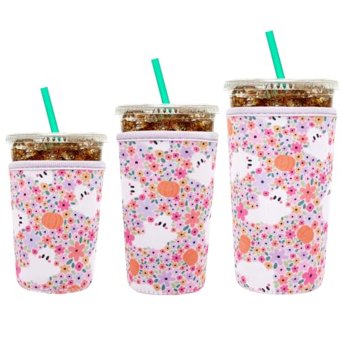 Image of YR Reusable Neoprene Insulator Sleeve for Iced Coffee Cups, 3 Pack Coffee Coolies sleeves for Iced & Hot Drinks, Cold Beverage Cooler Compatible with Cold Soda and More (Halloween Ghost & Flower)