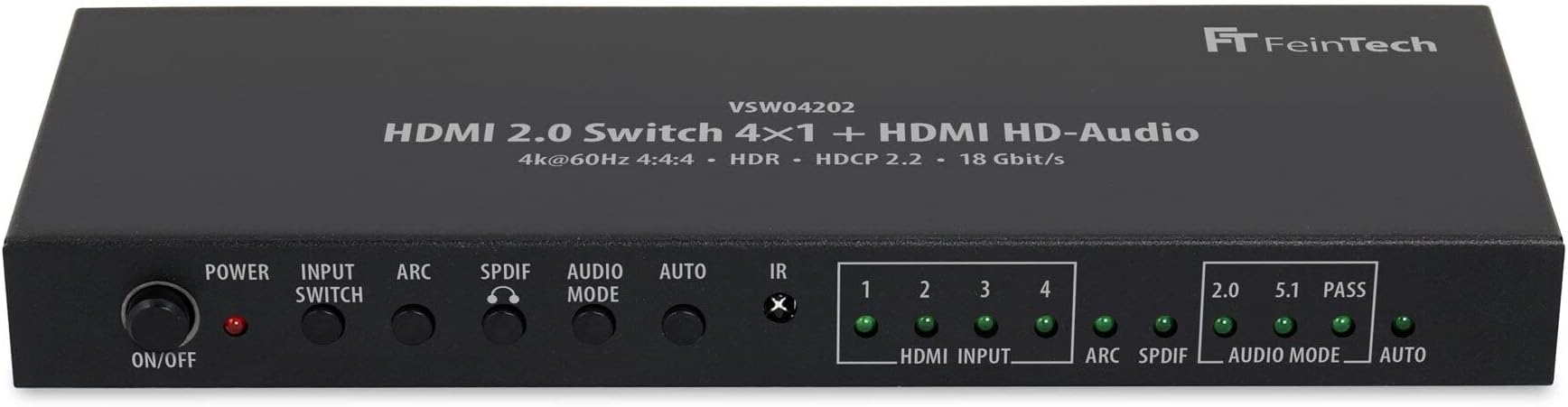 FeinTech VSW04202 HDMI 2.0 Switch 4x1 HD Audio Extractor 7.1 Dolby Atmos 4K 60Hz HDR CEC
