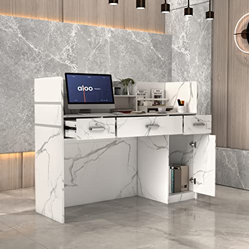 PREMTURE Mostrador de recepción para Tiendas con 3 cajones y 1 armario, mesa de recepción con diseño de mármol, mueble de oficina, 120 x 110 x 48 cm, tablero DM