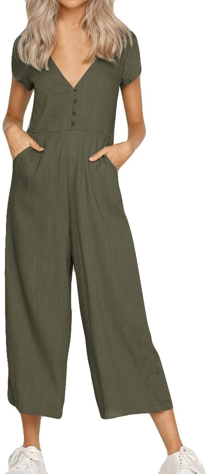 Jumpsuit Damen Sommer，V Ausschnitt Overall Leinen Elegant Lang Weites