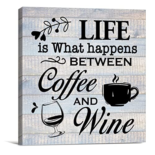Coffee Wine Sign Wall Art Prints Canvas Painting Rustic Life Is What Happens Between Coffee And Wine Print Country Home Kitchen Wine Bar Decor 8" X 8" #TOP9