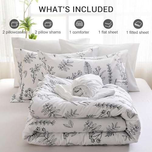 Image of MUXHOMO White King Comforter Set, Elegant Floral Print Bed in a Bag 7 Pieces, Ultra Soft & Breathable Reversible Botanical Pattern Bedding Set with Comforter, Sheets, Pillowcases, and Shams