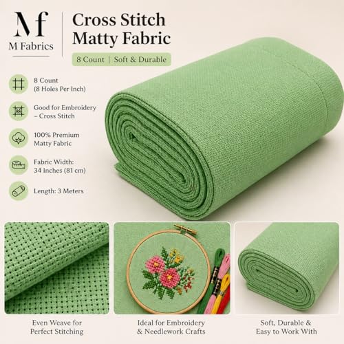 Image of M Fabrics 3 Meters Green Aida Matty Fabric 8 Count 34 Inch Width | Cotton Cross Stitch Embroidery Cloth Soft Needlework Fabric for Cushion Covers Table Covers Craft Sewing - 3 Meters Green