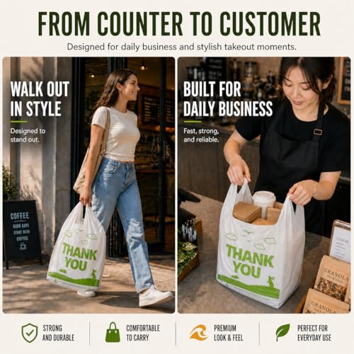 Image of YoYoRain 300 Count White Thank You T-Shirt Bags, 11 x 6 x 21 in | Durable HDPE with handles, Thank You print, disposable carryout sacks for grocery, retail and takeout