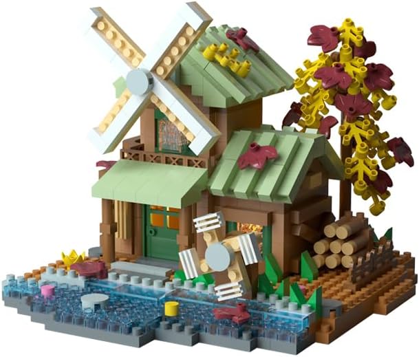 Mini Wood Cabin Micro Building Set with LED Light Wooden Forest House Block Toy with Tree Log Stem Houses Construction Model Birthday Gift (Windmill)