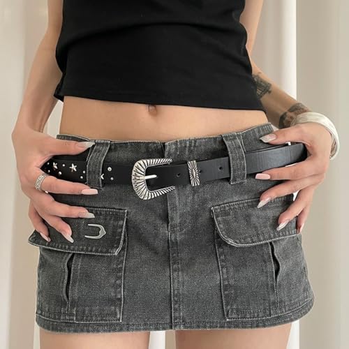 Women Casual Skinny Belt for Jeans Pants, Star Rivet PU Leather Y2K Waistband for Women,Adjustable Ladies Thin Waist Dress Belt with Vintage Buckle3
