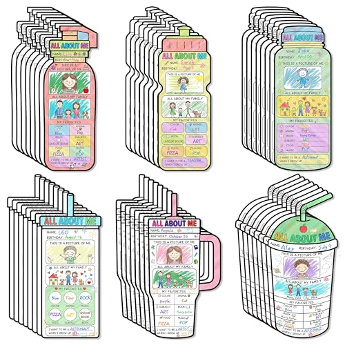 Haooryx All About Me Posters - 48Pcs Water Bottle Color Your Own Star Student Poster First Day of School Self-Introduction Fill in Poster Art Craft for Back to School Elementary School Classroom Decor