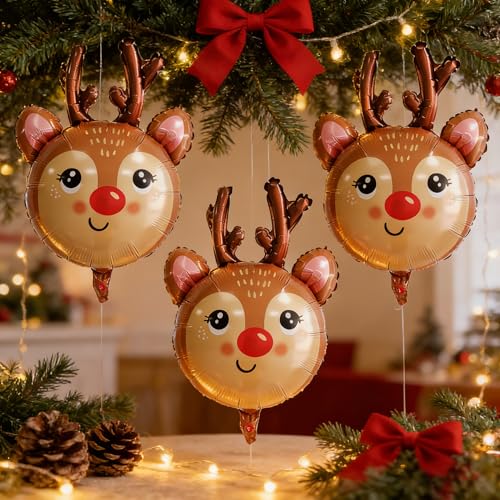 Image of Reindeer Balloons Christmas Balloons Elk Deer Head Foil Balloons for New Year Christmas Themed Party Decoration Supplier, Birthday Party Festival Balloons Sets 3Pcs