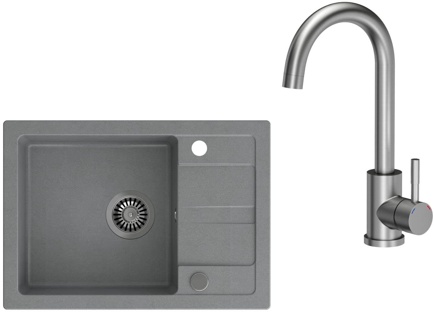 VBChome Fregadero con grifo gris 62 x 44 cm, granito, fregadero empotrado con tapa, superficie de goteo, reversible, fregadero de acero inoxidable compuesto + sifón.