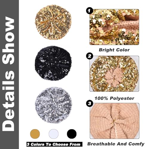 SamHeng Sequin Beret for Women Shining Glitter Hats Beanie Cap Ladies 80s Sequin Hats for Clubwear Dancing Party Halloween Cosplay Costume, Silver - Image 2