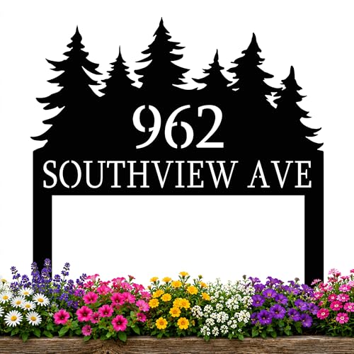 Personalized Metal Pine Trees Decor for Outside, Custom House Number Sign with Stakes, Address Sign for Lawn and Patio, Street Name Signs for Lawn, Steel Pine Forest Decoration, Yard Housewarming Gift